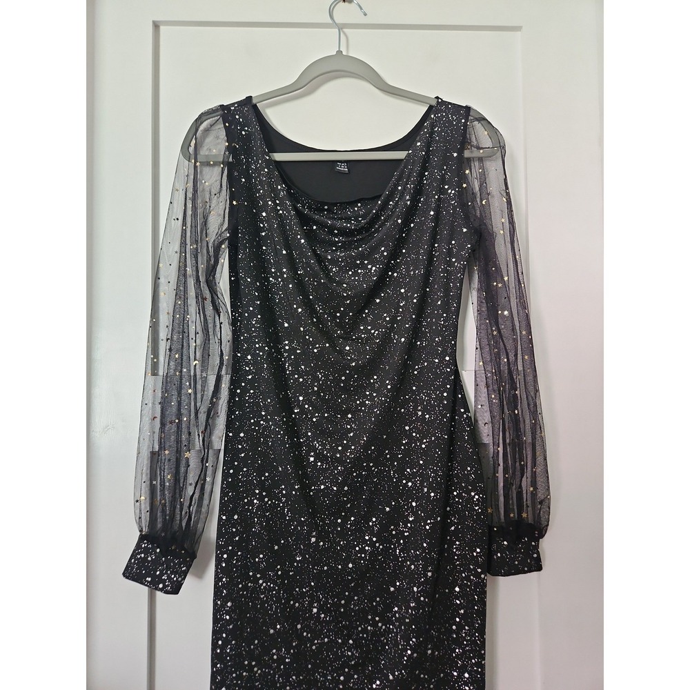 SHEIN Celestial Glitter Bodycon Dress S Black‎ Sheer Star Puff Sleeve Mini